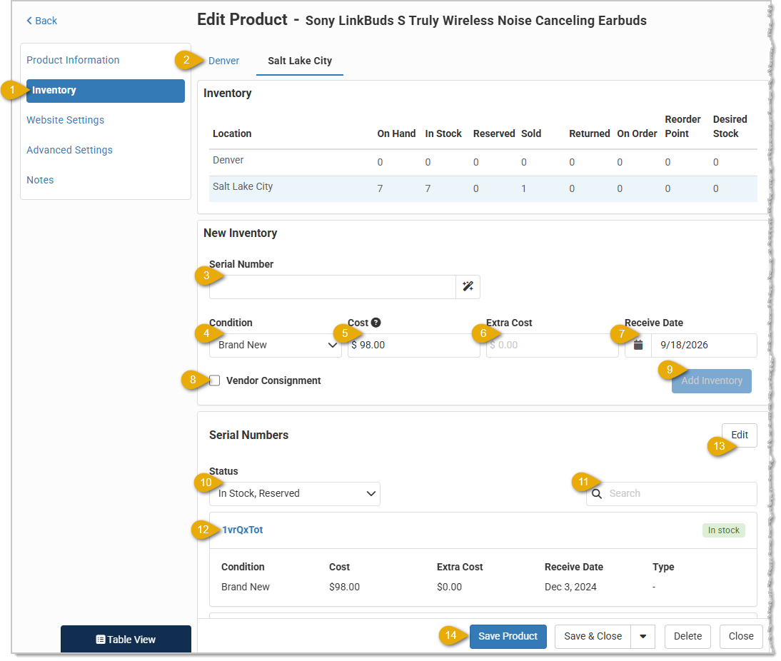 Image showing serialized inventory options in the Edit Product page of the Like Sew system.