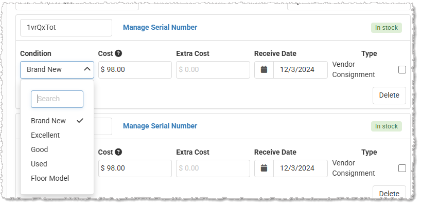 Image showing the Edit view of the Serial Numbers area of the Inventory tab of the Edit Product page in the Like Sew system.