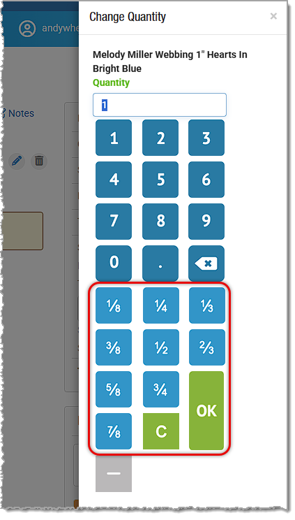 Image showing the yardage quantity fractional options in the Like Sew Register.