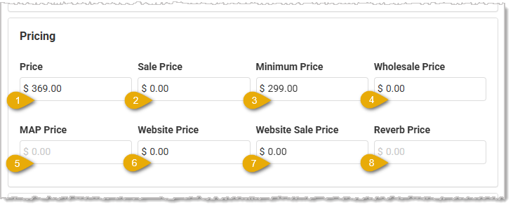 Image showing pricing options on the Product Information tab of the Edit Product page in the Like Sew system.