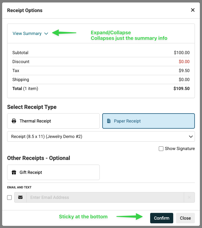 Image showing updates to the Print Receipt window in the Like Sew POS.