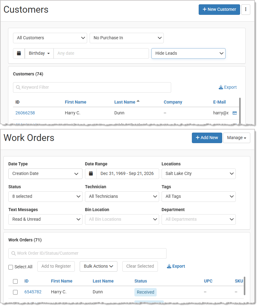 Image showing UI modernization examples from the Like Sew Customers list page and the Work Orders list page.