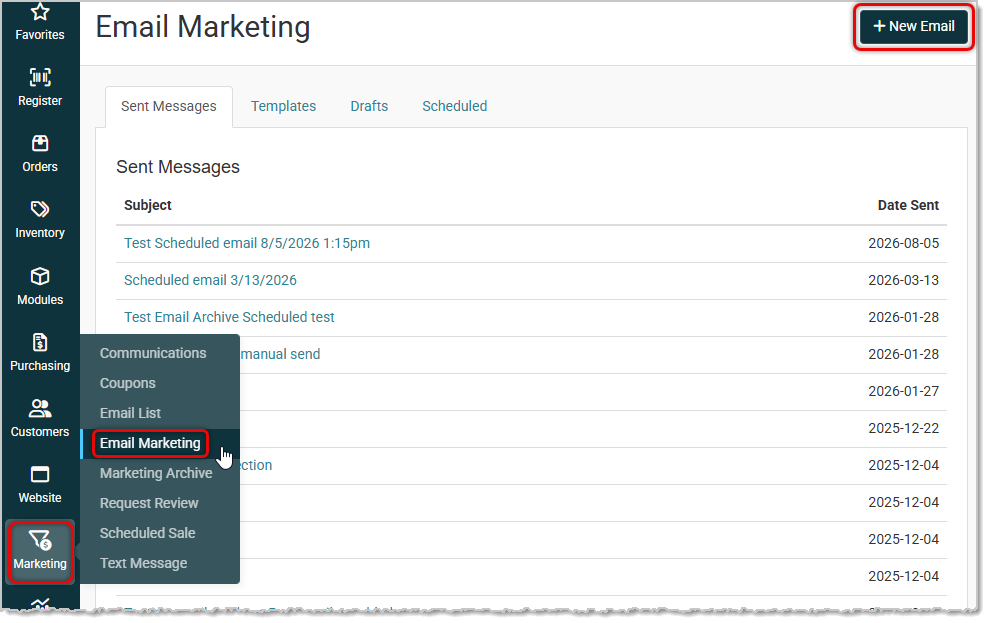 Image showing the Marketing menu with Email Marketing highlighted and the +New Email button highlighted on the Email Marketing page of the Like Sew system.
