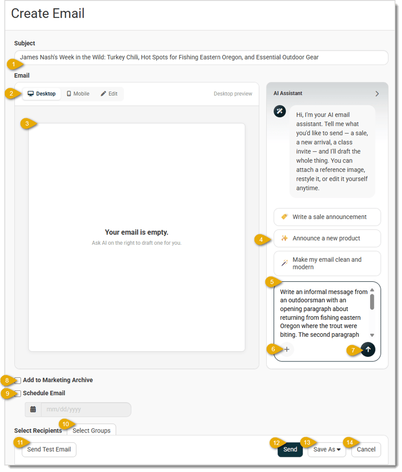 Image showing the Create Email page of the Like Sew system with key features highlighted.