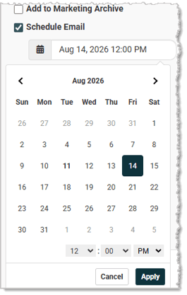 Image showing the date and time picker for the Create Email page of the Like Sew system.