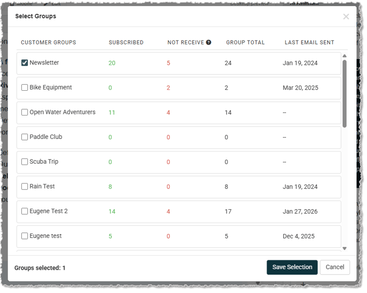 Image showing the Select Groups window of the Create Email page in the Like Sew system.