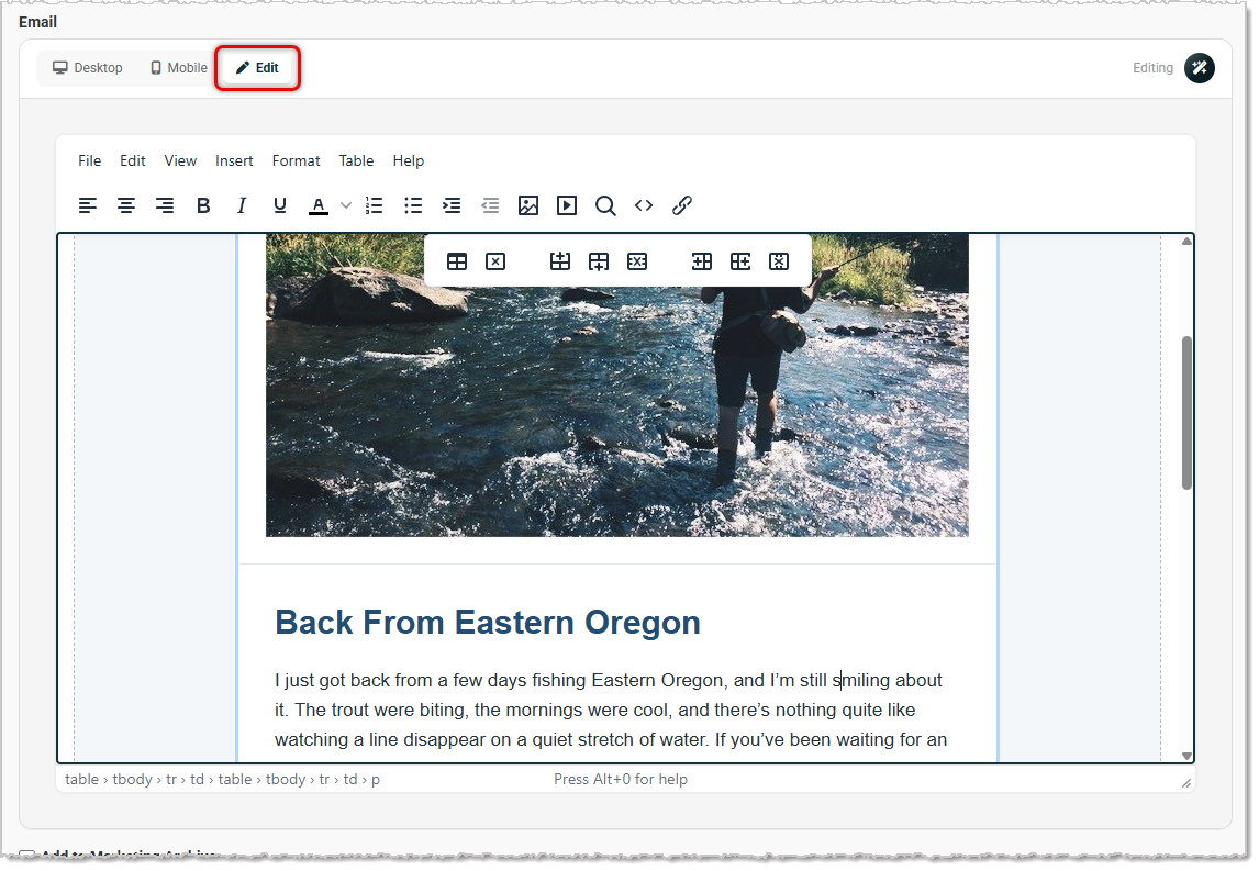 Image showing the content editor of the Create Email page in the Like Sew system.
