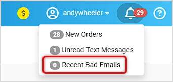 Image showing Recent Bad Emails in the Notification Bell menu linking to the Communications module in the Like Sew system.