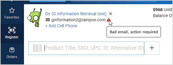 Image showing a bad email notification for a customer in the Register of the Like Sew system.