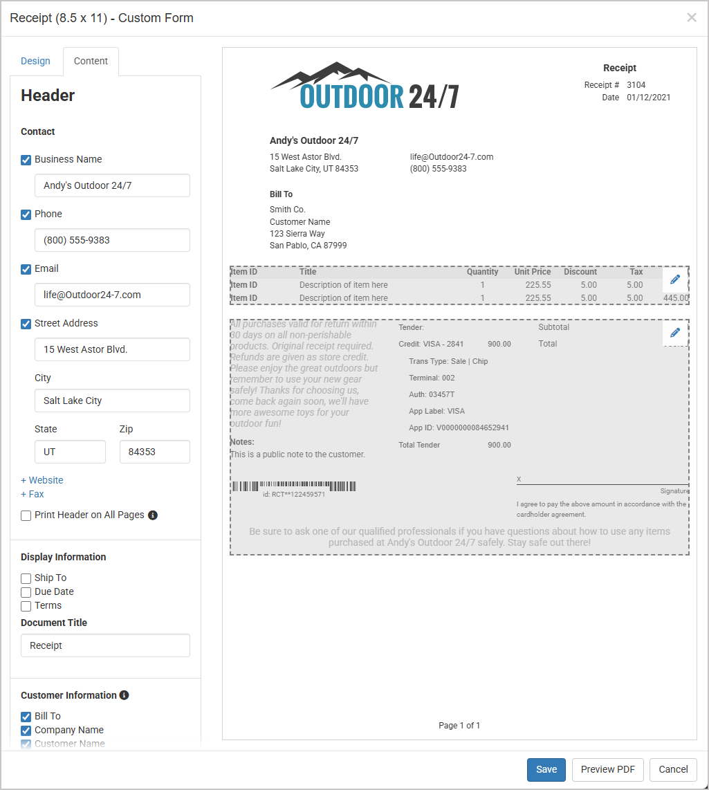 form style receipt w header option