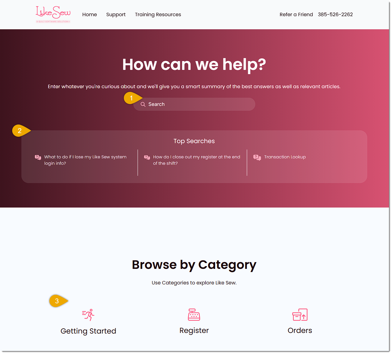 Image showing the home page of the knowledge base with key features highlighted.
