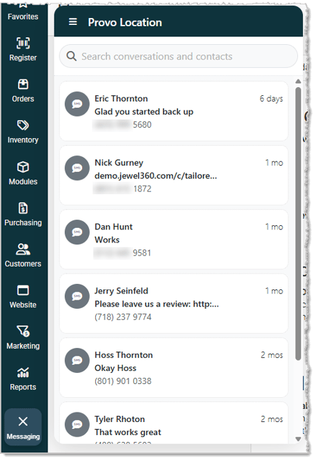 Image showing the conversation history in the Messaging Assistant for a Like Sew system store.