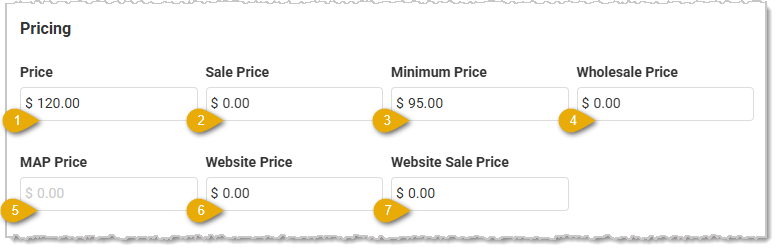 Image showing pricing options on the Product Information tab of the Edit Product page in the Like Sew system.
