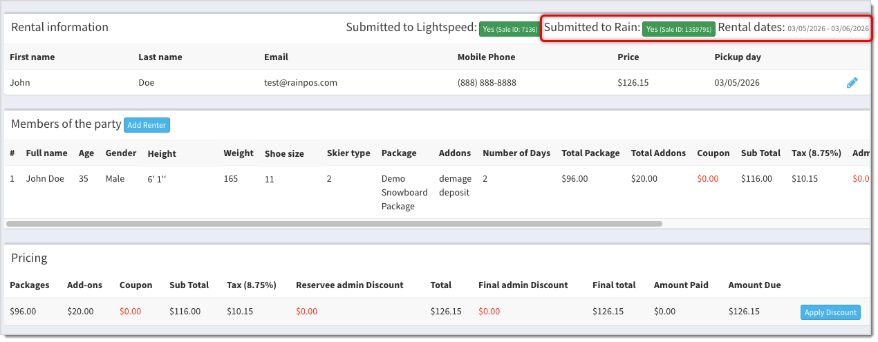 Image showing a rental in Rezo that has synced to an Invoice in the Like Sew system.