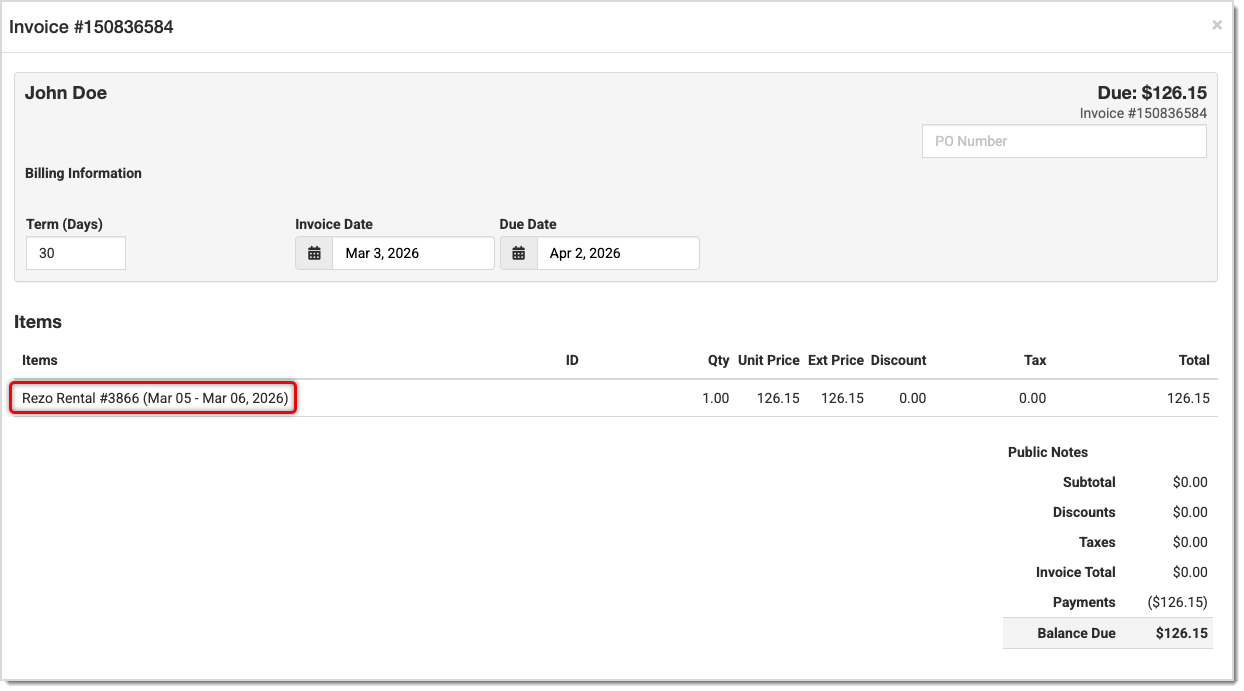 Image showing an invoice in the Like Sew system created through the Rezo integration.