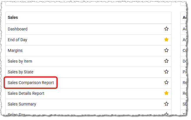 Image showing the Sales Comparison report link on the Reports page of the Like Sew system.