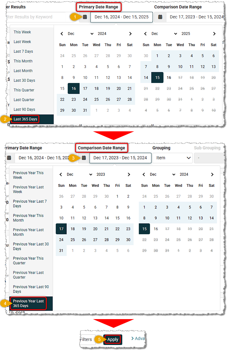 Image showing the comparison date range selection process in the Sales Comparison Report of the Like Sew system.