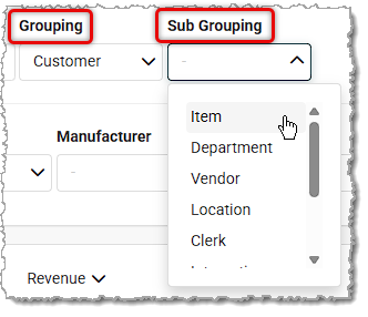 Image showing the Grouping and Sub-Grouping filters of the Sales Comparison Report in the Like Sew system.