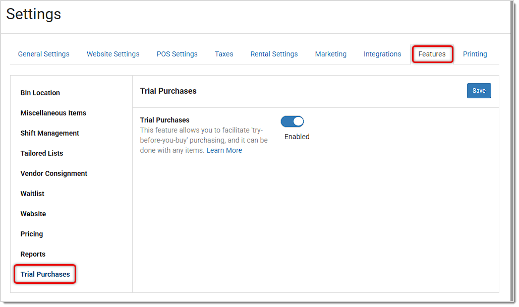 Image showing the Features tab of Settings with the Trial Purchases area highlighted in the Like Sew system.